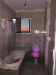 Sea view flat for FAMILY ONLY in Miami في الإسكندرية: حمام مع حوض ومرحاض مع ضوء أرجواني