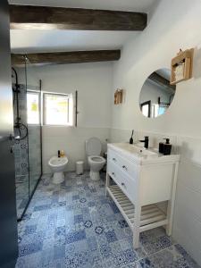 a bathroom with a sink and a toilet and a mirror at Black Wood Cabin in Mărişel