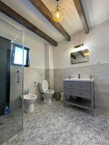 uma casa de banho com um WC, um lavatório e um chuveiro em Black Wood Cabin em Marisel