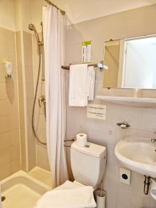 a bathroom with a shower and a toilet and a sink at Hôtel P.L.M. in Cannes