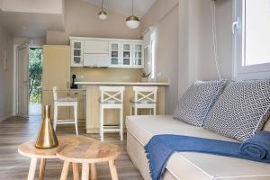 a living room with a couch and a kitchen at Julia's Boutique Suites, near Argostoli. in Travliáta