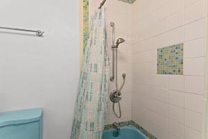 a bathroom with a shower with a blue tub at 632 Old Santa Fe Trail in Santa Fe +16 photos
