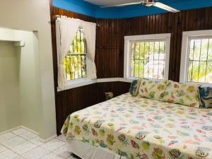 a bedroom with a bed and two windows at Mariposa Lodge in West End