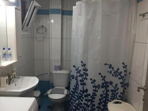 a bathroom with a toilet and a shower curtain at Independent studio with yard in Bali