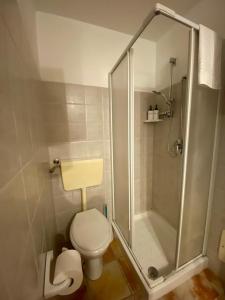 La salle de bains est pourvue d'une douche et de toilettes. dans l'établissement Nebrodi Holiday House, à San Marco dʼAlunzio