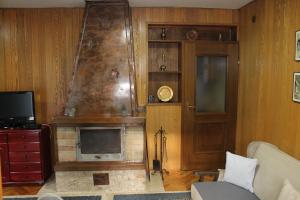 a living room with a fireplace and a tv at Holiday Home Zbilje in Visoko +59 photos