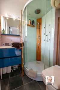 y baño con ducha, aseo y lavamanos. en Au petit repère palois -studio - centre ville-balcon-WIFI FIBRE en Pau