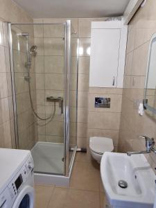 a bathroom with a shower and a toilet and a sink at Apartament Lawendowy Gdańsk in Gdańsk