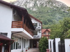 ein weißes Gebäude mit einem Berg im Hintergrund in der Unterkunft Casa Mimi in Băile Herculane