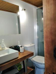 a bathroom with a sink and a toilet and a mirror at Casa Janeiro Alentejo in Portalegre