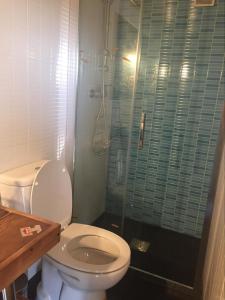 a bathroom with a toilet and a glass shower at Casa Janeiro Alentejo in Portalegre +21 photos