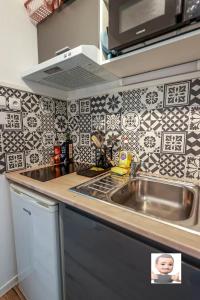 a kitchen with a sink and a counter top at Le petit Park-studio-terrasse- piscine-WIFI FIBRE in Pau