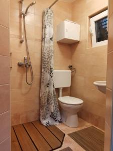 a bathroom with a toilet and a shower curtain at Glamping Narnia in Bovec
