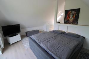 a bedroom with a bed and a flat screen tv at Maisonette-Wohnung Oststraße 37 in Schmallenberg