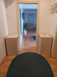 a hallway with two boxes and a rug at Katerina Apartment in Ohrid