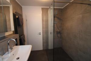 La salle de bains est pourvue d'une douche, d'un lavabo et d'une porte en verre. dans l'établissement Maisonette-Wohnung Oststraße 37, à Schmallenberg