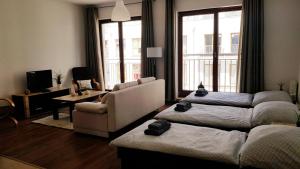 salon z dwoma łóżkami i kanapą w obiekcie Apt with 6 single beds w Świnoujściu