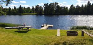 een picknicktafel naast een meer met een steiger bij Rum på Näset 42 i Äppelbo Vansbro in Äppelbo