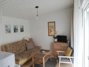 een woonkamer met een bank en een tafel bij Poilsio namelis po juodalksniais (Nemirseta) in Palanga