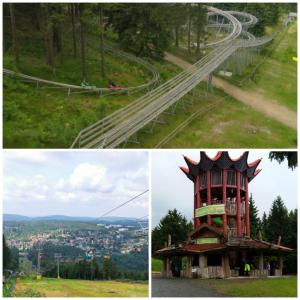 un collage de tres fotos con una torre y una carretera en Harz, Hahnenklee en Goslar