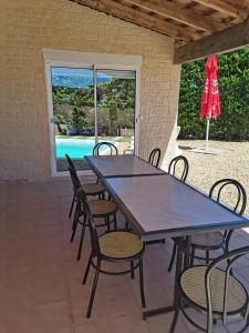 a blue table and chairs with a view of a pool at Les Gites de Kevinou in Vallon-Pont-dʼArc