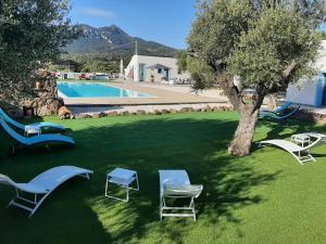 多尔加利Borgo Rurale Cares的一组椅子和一棵树,旁边是游泳池