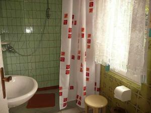 a bathroom with a sink and a shower curtain at Ruegen_Fewo 63 in Garz-Rügen