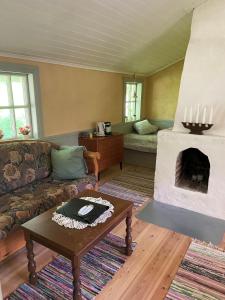 a living room with a couch and a fireplace at Linhagen Gård in Säffle