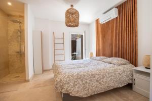 a bedroom with a bed and a walk in shower at Au NÈGO CHIN 105m2 en bord de Sorgue in L'Isle-sur-la-Sorgue