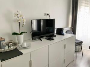 En tv och/eller ett underhållningssystem på EXECUTIVE DOUBLE ROOM WITH EN-SUITE in GUEST HOUSE RUE TREVIRES R3