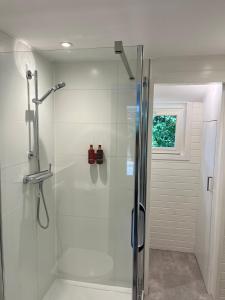 a shower with a glass door in a bathroom at Villa Frederik with sauna in Winterswijk in Winterswijk