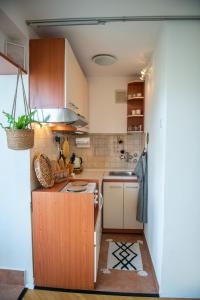 a small kitchen with wooden cabinets and a sink at Cosy private boho app Nook in Rijeka near Opatija in Rijeka