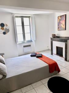 - une chambre avec un grand lit et une cheminée dans l'établissement APPARTEMENT PROCHE CITÈ MEDIEVALE 4 pers, à Carcassonne