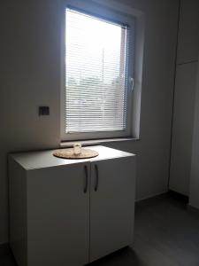 a kitchen with a white cabinet with a window at Villa Koki in Ohrid +24 photos