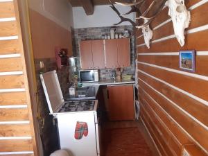 a small kitchen with a stove and a refrigerator at Apartment Romanticka Chalupa in Štrba