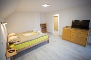a bedroom with a bed and a flat screen tv at APARTMAJI HUBI in Bled