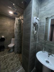 La salle de bains est pourvue d'un lavabo, de toilettes et d'un miroir. dans l'établissement tbilicity hotel, à Tbilissi