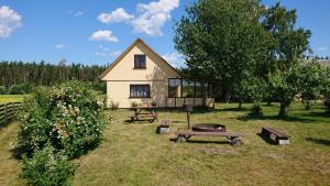 une maison avec un barbecue et une table de pique-nique dans la cour dans l'établissement Pirmie Zaļmeži, à Jūrkalne