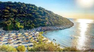 a beach with umbrellas and people in the water at Pansion Panorama in Skala Marion