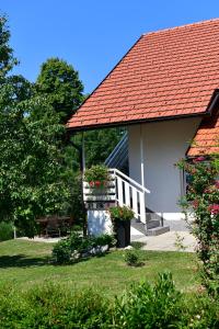 a house with a red roof and a porch with flowers at Apartment Anna Maria in Rakovica