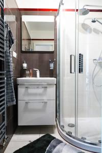 a bathroom with a white sink and a shower at Apartments Marilyn in Tatranská Lomnica