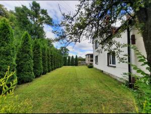 a yard with a row of trees next to a house at Wiejski Relax pod "Żelaznym szlakiem" in Jastrzębie Zdrój