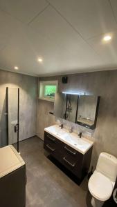 Vikavegen Stryn في سترين: حمام مع حوض ومرحاض ومرآة