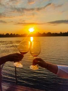 two people holding glasses of wine in front of the sunset at Дом в лесу на берегу Днепра для отдыха, аппартоменты in Budishche