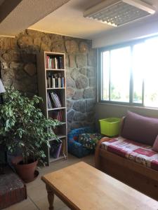 een woonkamer met een bank en een boekenplank bij SUPER BESSE Appartement LE GÎTE BESSARD 6 couchages Le Bois de la Reine in Besse-et-Saint-Anastaise