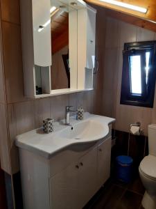 La salle de bains est pourvue d'un lavabo blanc et de toilettes. dans l'établissement Traditional house in Akamatra square, à Akamatra