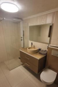 a bathroom with a sink and a toilet and a shower at Casa Mimi in Băile Herculane