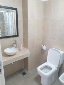 Łazienka z białą toaletą i umywalką w obiekcie Departamento Godoy Cruz w mieście Godoy Cruz