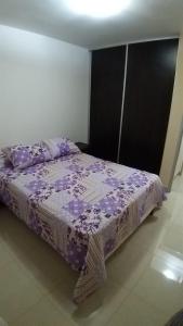 ein Schlafzimmer mit einem Bett mit einer lila Bettdecke in der Unterkunft Deptos Taroba in Puerto Iguazú
