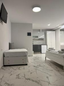 a white room with two beds and a tv at Rani Apartments in Chrysi Ammoudia